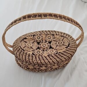 Handcrafted Vintage Pine Needle Woven Tan Basket Purse